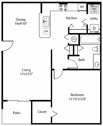 Floor plan for 1 bed, 1 bath, 888 sqft