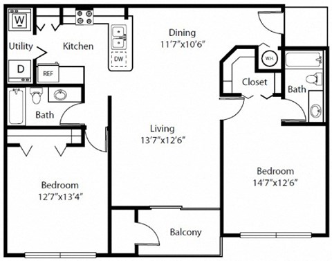 Floor plan for 2 beds, 2 baths, 1246 sqft