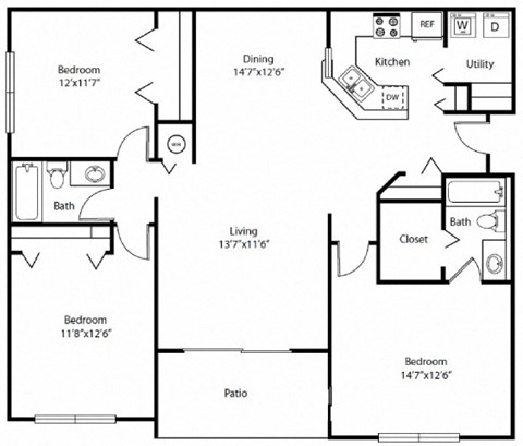 Floor plan for 3 beds, 2 baths, 1514 sqft