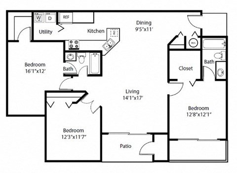 Floor plan for 3 beds, 2 baths, 1517 sqft