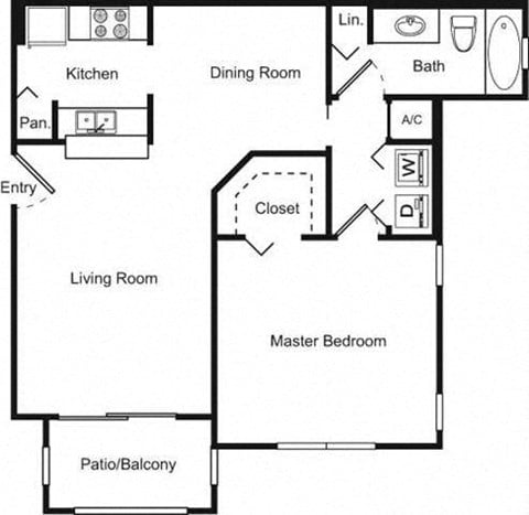 Floor plan for 1 bed, 1 bath, 874 sqft