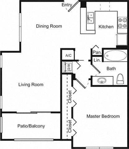 Floor plan for 1 bed, 1 bath, 887 sqft