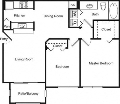 Floor plan for 2 beds, 1 bath, 990 sqft