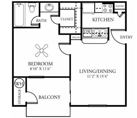 Floor plan for 1 bed, 1 bath, 552 sqft