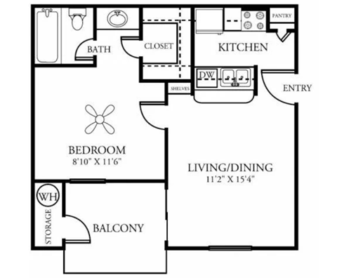 Floor plan for 1 bed, 1 bath, 552 sqft
