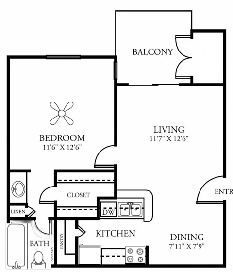 Floor plan for 1 bed, 1 bath, 610 sqft
