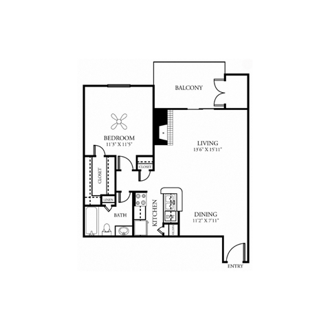 Floor plan for 1 bed, 1 bath, 794 sqft