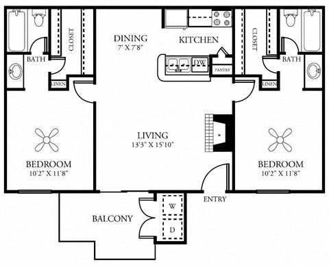 Floor plan for 2 beds, 2 baths, 960 sqft