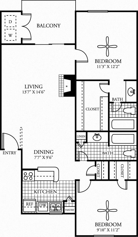 Floor plan for 2 beds, 2 baths, 990 sqft