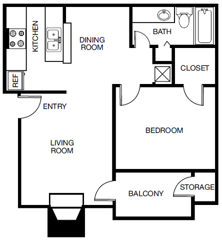 Floor plan for 1 bed, 1 bath, 650 sqft