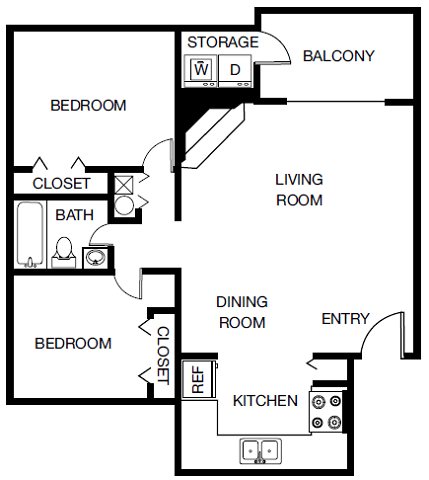 Floor plan for 2 beds, 1 bath, 850 sqft