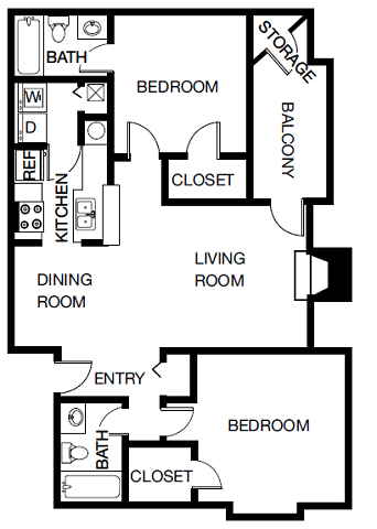 Floor plan for 2 beds, 2 baths, 1000 sqft