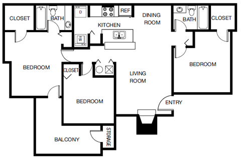 Floor plan for 3 beds, 2 baths, 1100 sqft