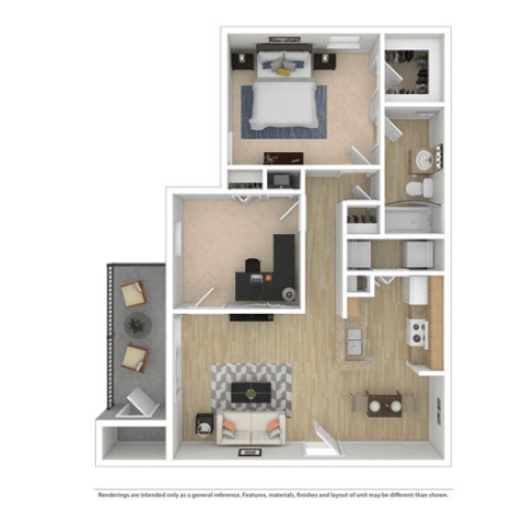 Floor plan for 1 bed, 1 bath, 938 sqft