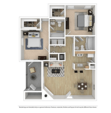 Floor plan for 2 beds, 2 baths, 1136 sqft