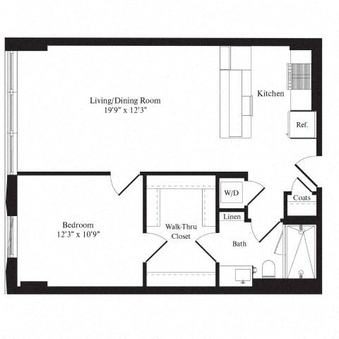 Floor plan for 1 bed, 1 bath, 714 sqft