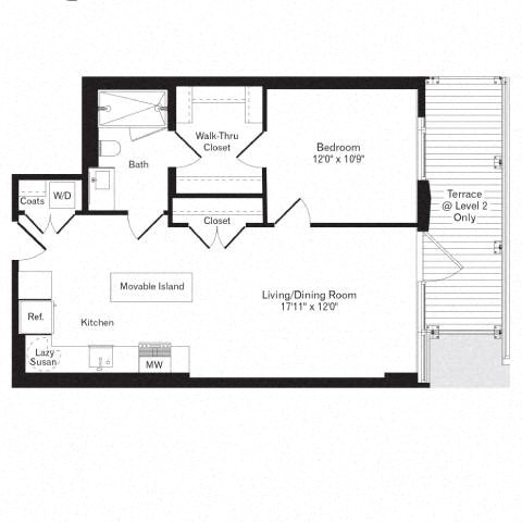 Floor plan for 1 bed, 1 bath, 729 sqft