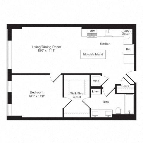Floor plan for 1 bed, 1 bath, 772 sqft