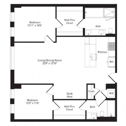 Floor plan for 2 beds, 2 baths, 1158 sqft