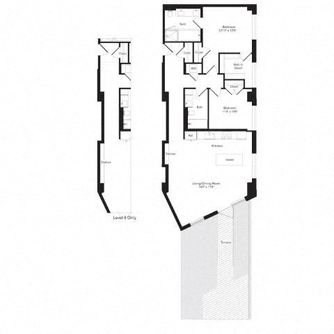 Floor plan for 2 beds, 2 baths, 1291 sqft