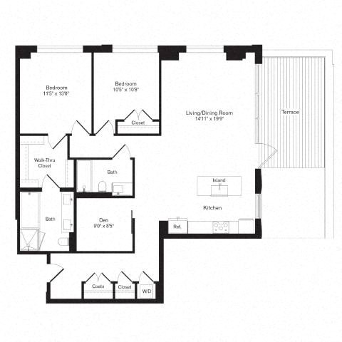 Floor plan for 2 beds, 2 baths, 1354 sqft