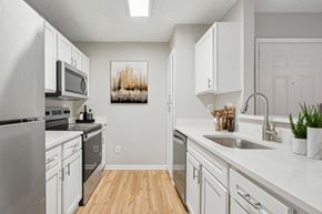 Austin apartment for rent - an open kitchen with stainless steel appliances and white cabinets
