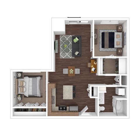 Floor plan for 2 beds, 1 bath, 881 sqft