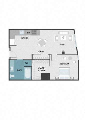 Floor plan for 1 bed, 1 bath, 618 sqft