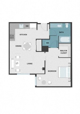 Floor plan for 1 bed, 1 bath, 692 sqft