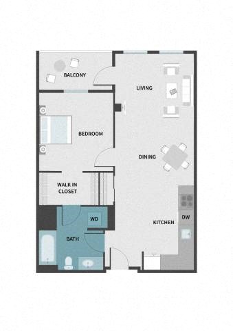Floor plan for 1 bed, 1 bath, 735 sqft