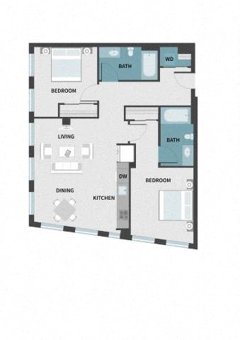 Floor plan for 2 beds, 2 baths, 973 sqft