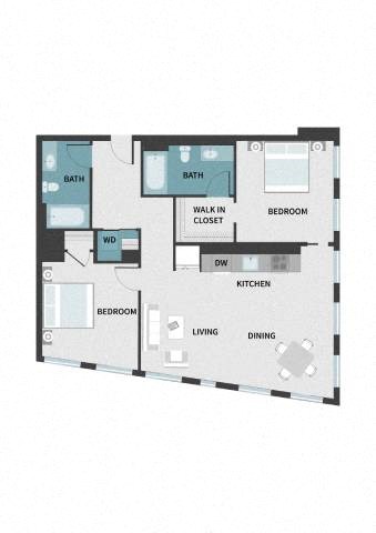 Floor plan for 2 beds, 2 baths, 1004 sqft
