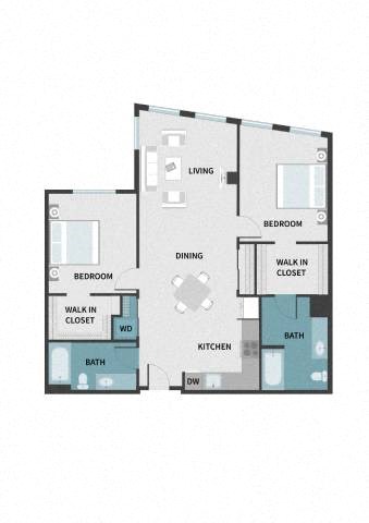 Floor plan for 2 beds, 2 baths, 1163 sqft