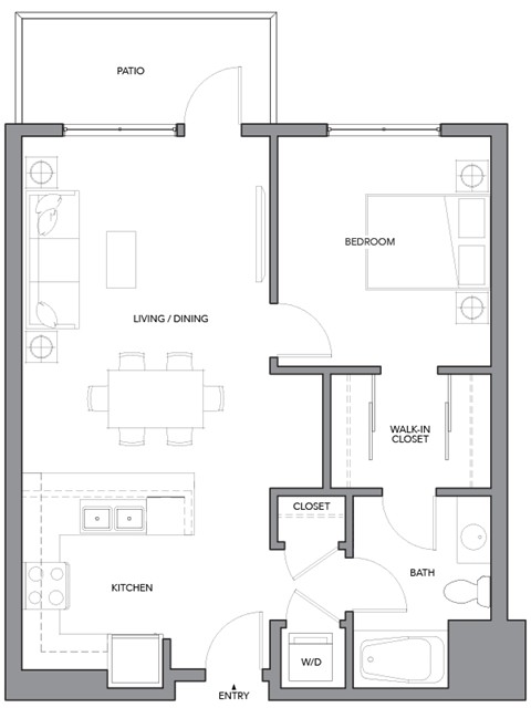 Floor plan for 1 bed, 1 bath, 752 sqft