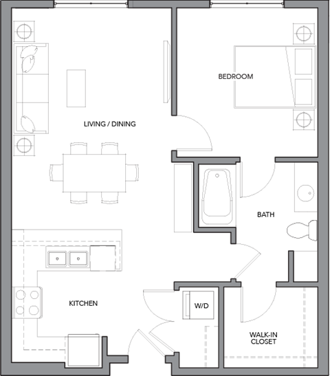 Floor plan for 1 bed, 1 bath, 835 sqft