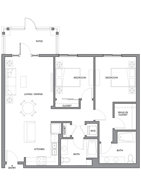 Floor plan for 2 beds, 2 baths, 1069 sqft