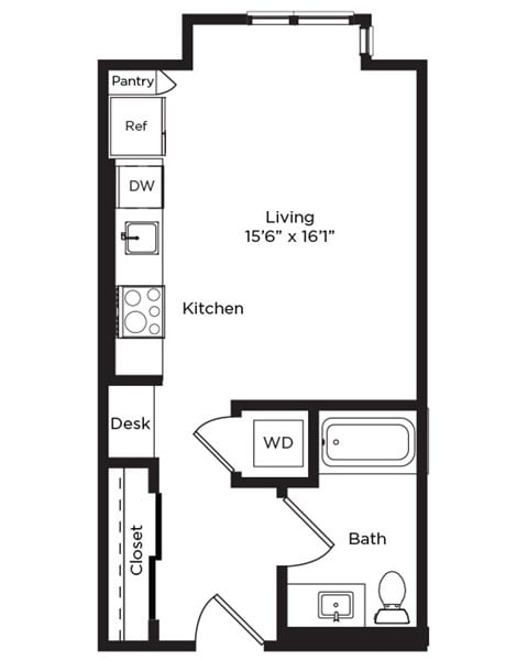 Floor plan for studio, 1 bath, 451 sqft