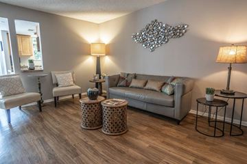 Tallahassee apartment for rent - A living room with a grey couch, a chair, a table with a lamp and a plant on it, and a decorative piece on the wall.