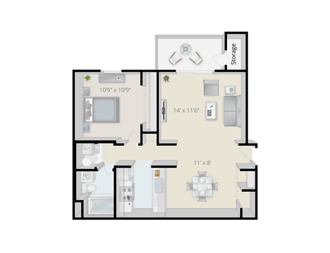 Floor plan for 1 bed, 1 bath, 645 sqft