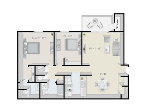 Floor plan for 2 beds, 2 baths, 863 sqft