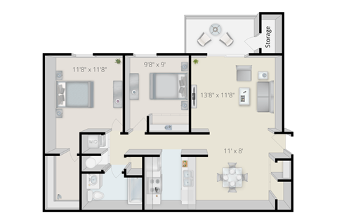 Floor plan for 2 beds, 1 bath, 840 sqft