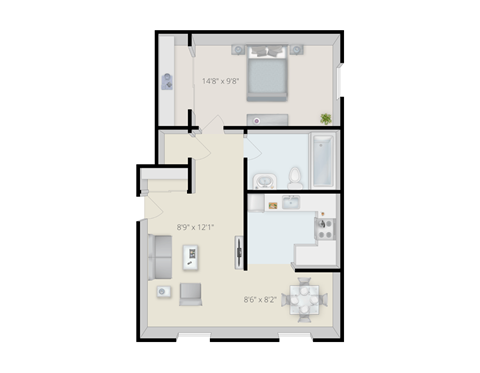Floor plan for 1 bed, 1 bath, 560 sqft