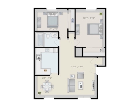 Floor plan for 2 beds, 1 bath, 660 sqft
