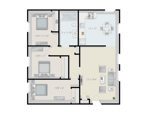 Floor plan for 3 beds, 1 bath, 780 sqft