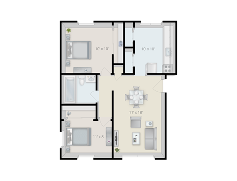Floor plan for 2 beds, 2 baths, 1000 sqft