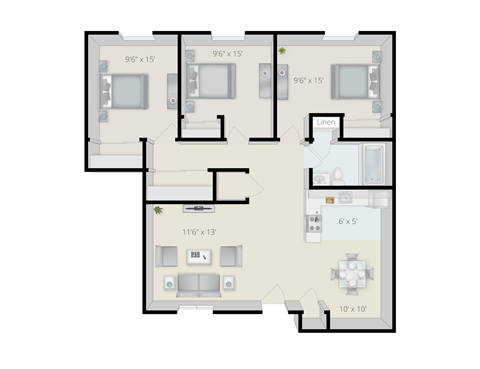 Floor plan for 3 beds, 1 bath, 1006 sqft