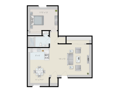 Floor plan for 1 bed, 1 bath, 740 sqft