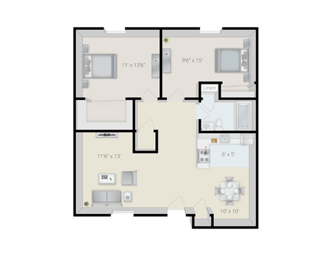 Floor plan for 2 beds, 1 bath, 840 sqft