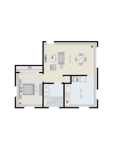 Floor plan for 1 bed, 1 bath, 400 sqft