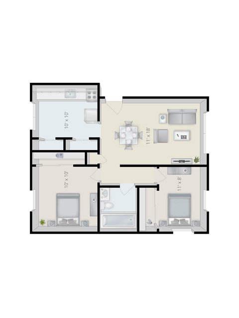 Floor plan for 2 beds, 1 bath, 525 sqft
